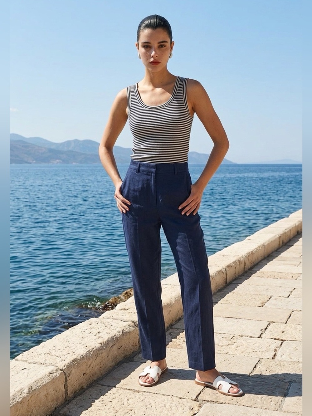 LACAUSA Navy and White Striped Scoop Neck Tank